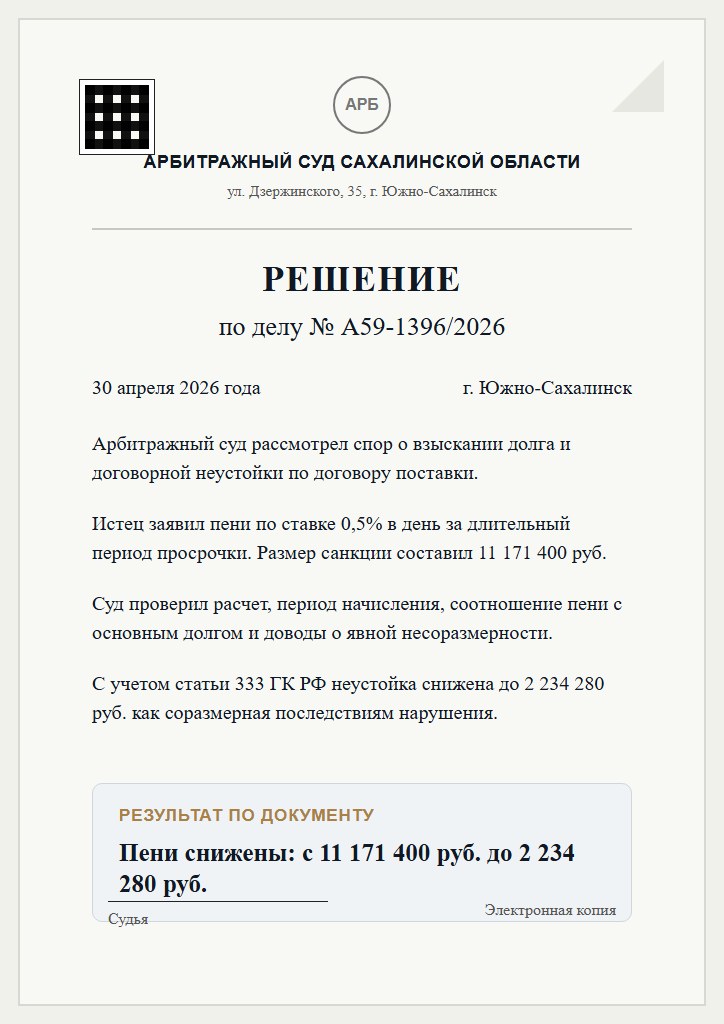 Судебный документ: Решение: пени снижены с 11,17 млн до 2,23 млн руб.